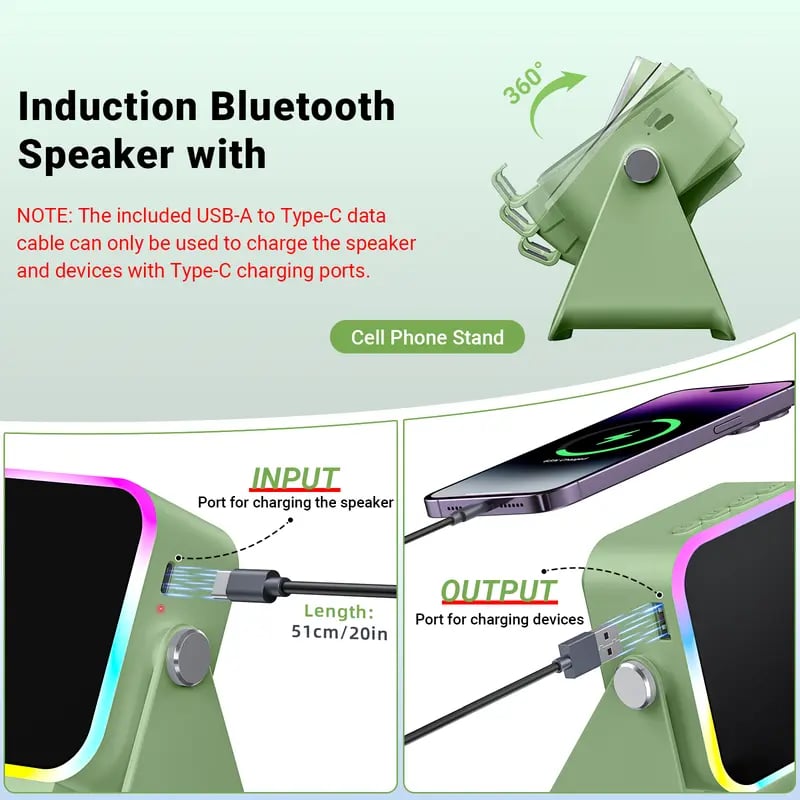 Quotationy 5-in-1 Wireless Induction Speaker Stand – Portable Desk Phone Holder with Emergency Power Bank & Colorful Ambient Light