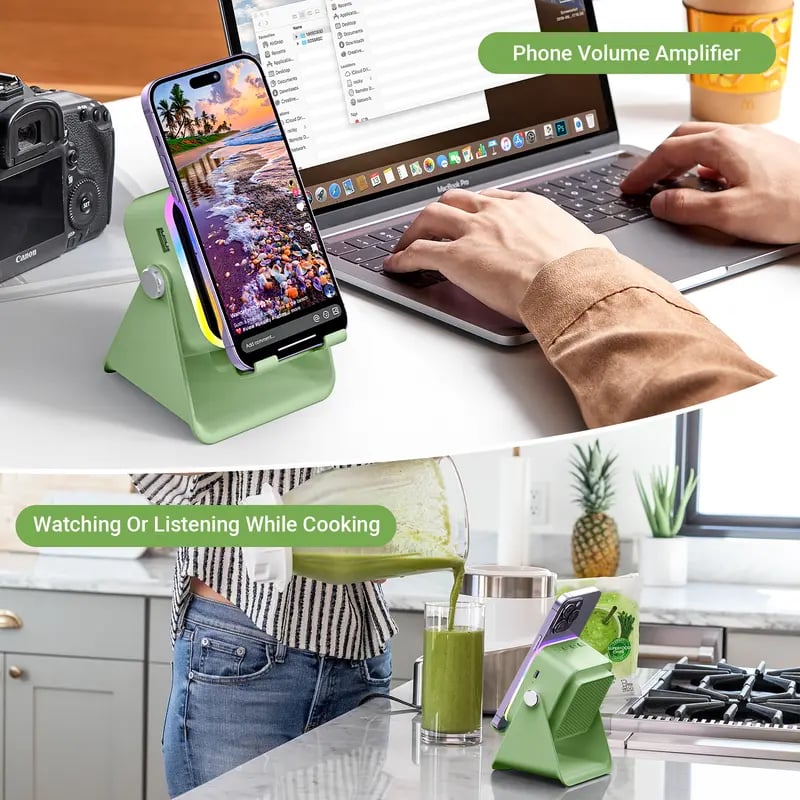 Quotationy 5-in-1 Wireless Induction Speaker Stand – Portable Desk Phone Holder with Emergency Power Bank & Colorful Ambient Light