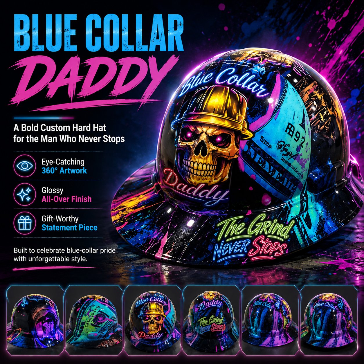 Ahlwo Blue Collar Daddy Hydro-Dipped Hard Hat | Industrial Rigid Impact-Resistant Safety Helmet with Full-Wrap Gloss Artwork