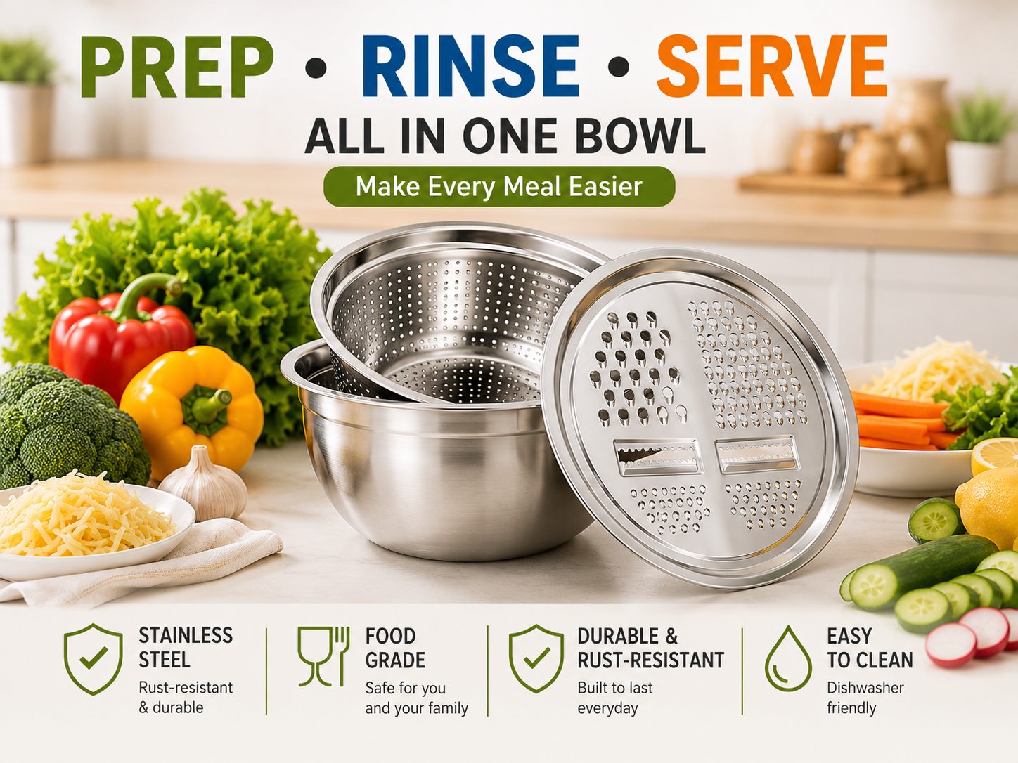 Uspoplarshop 3-in-1 Stainless Steel Grater Bowl & Colander Set