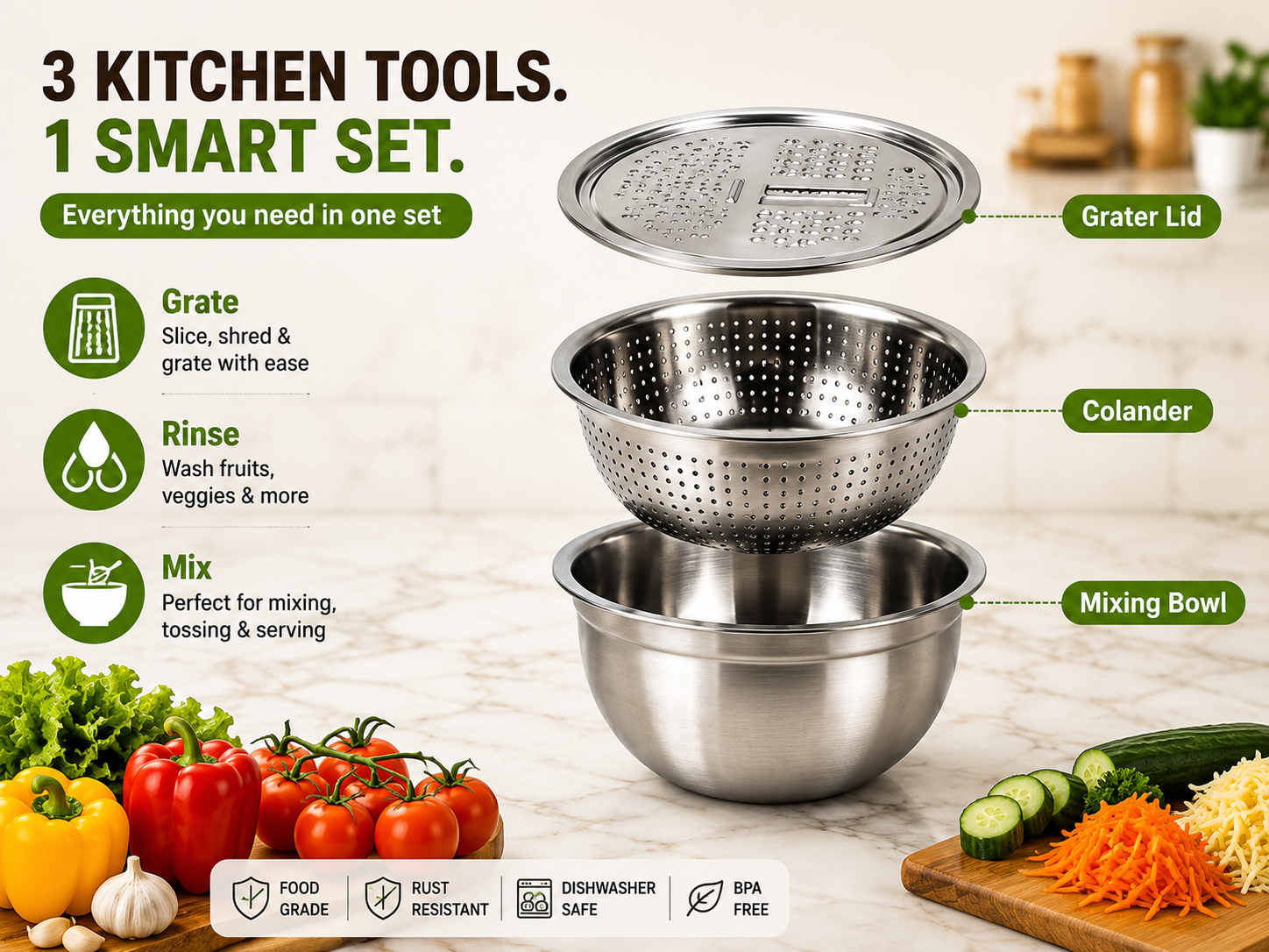 Uspoplarshop 3-in-1 Stainless Steel Grater Bowl & Colander Set