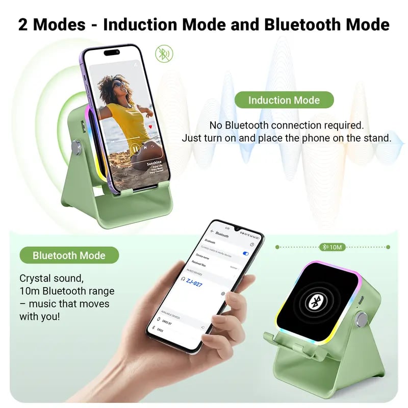Quotationy 5-in-1 Wireless Induction Speaker Stand – Portable Desk Phone Holder with Emergency Power Bank & Colorful Ambient Light