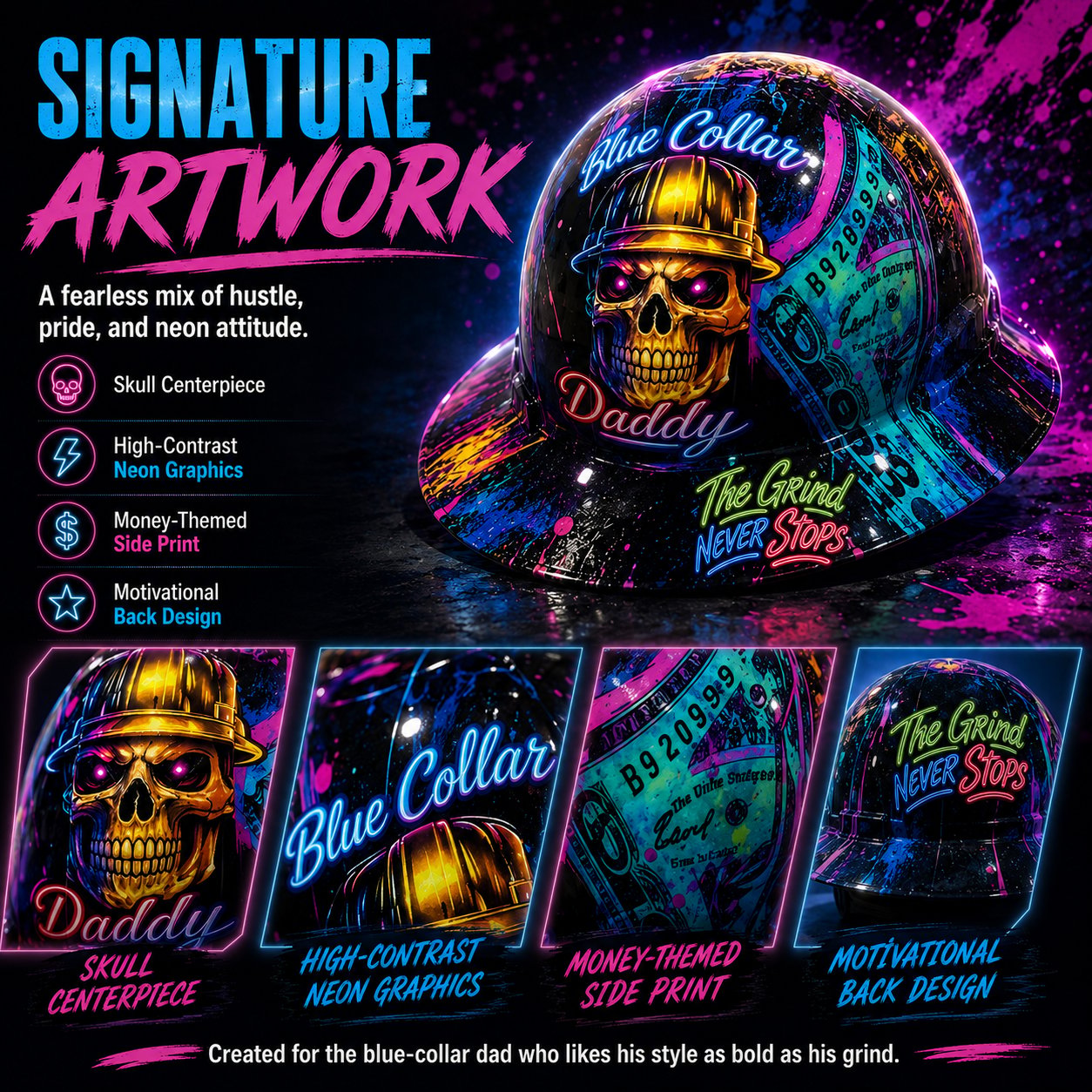 Ahlwo Blue Collar Daddy Hydro-Dipped Hard Hat | Industrial Rigid Impact-Resistant Safety Helmet with Full-Wrap Gloss Artwork