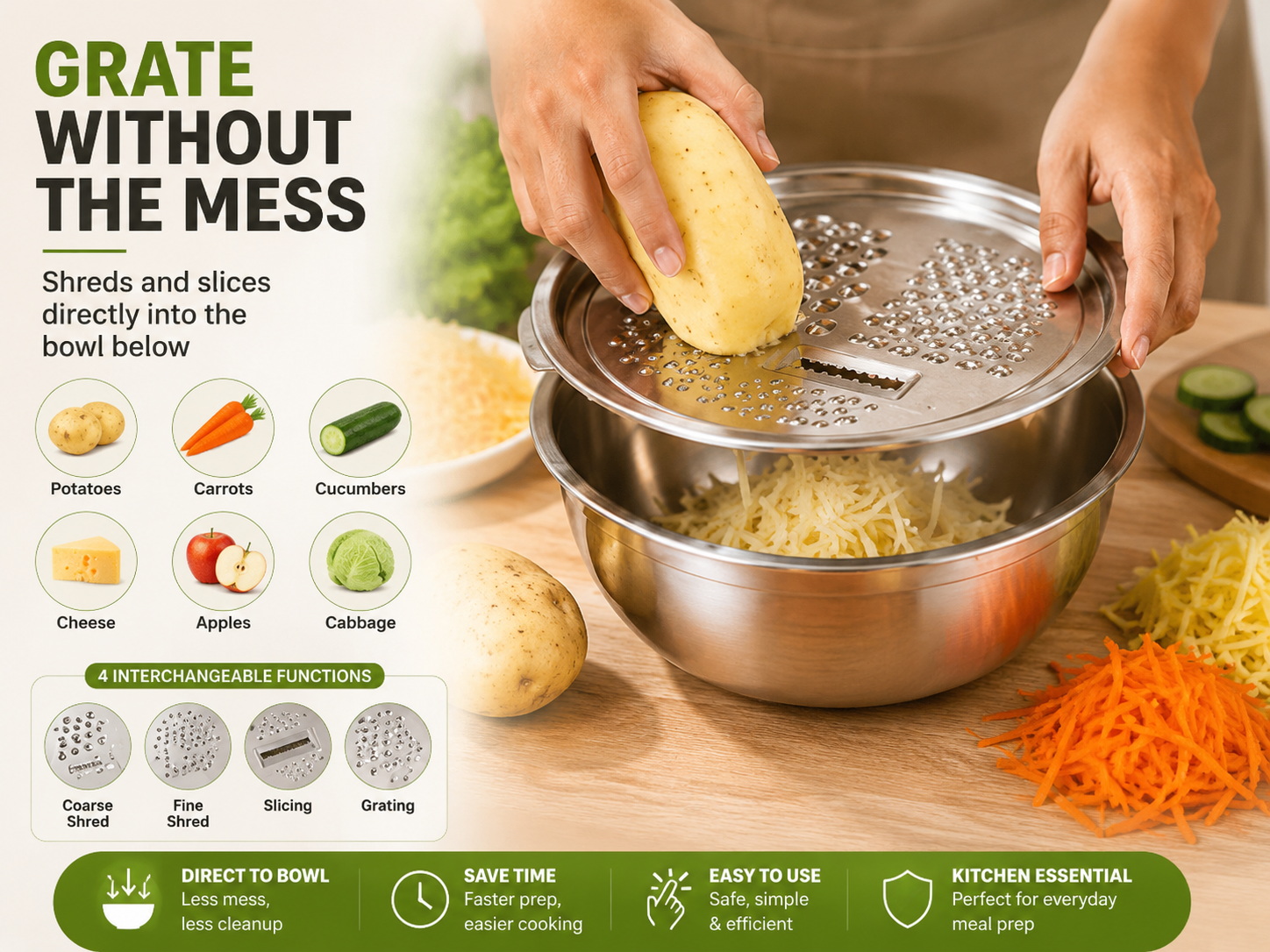 Uspoplarshop 3-in-1 Stainless Steel Grater Bowl & Colander Set