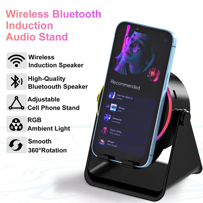 4-in-1 Wireless Audio Dock – Induction + Bluetooth Speaker Stand with RGB Lighting