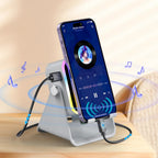 Quotationy 5-in-1 Wireless Induction Speaker Stand – Portable Desk Phone Holder with Emergency Power Bank & Colorful Ambient Light