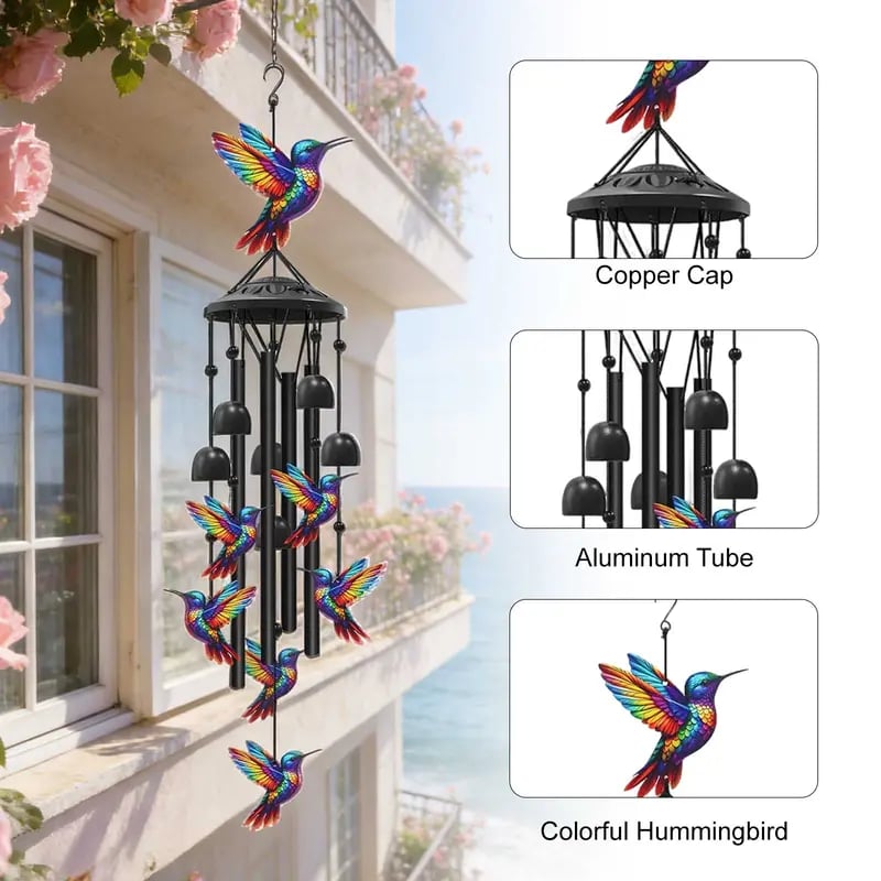 Cubtosmle Vintage Colorful Hummingbird Wind Chime With Metal Tubes And Bells