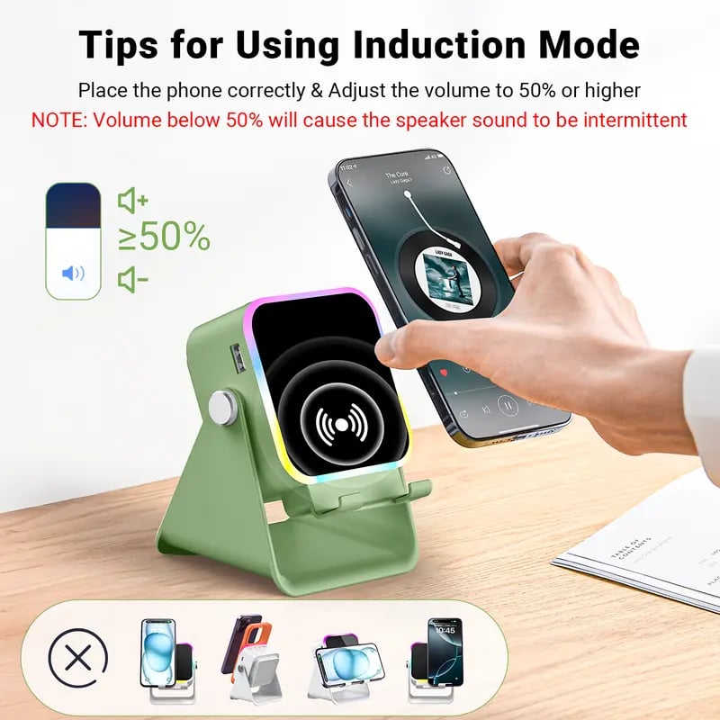 Quotationy 5-in-1 Wireless Induction Speaker Stand – Portable Desk Phone Holder with Emergency Power Bank & Colorful Ambient Light