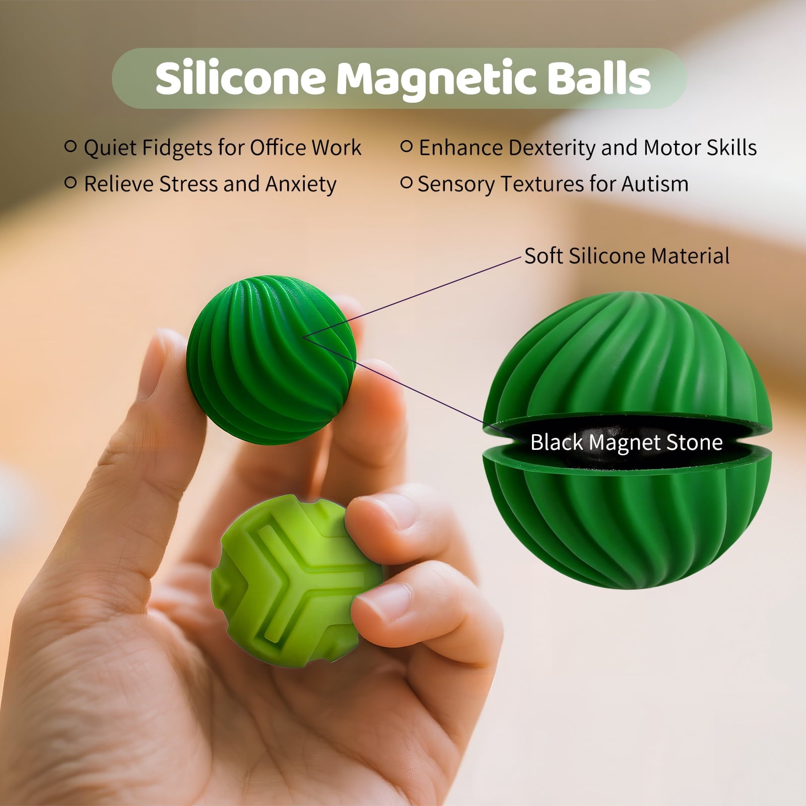 ClickiKeys Magnetic Silent Fidget Balls 6 Pack - Soft Silicone Sensory Toys for Teens & Adults - Silent Stress Relief