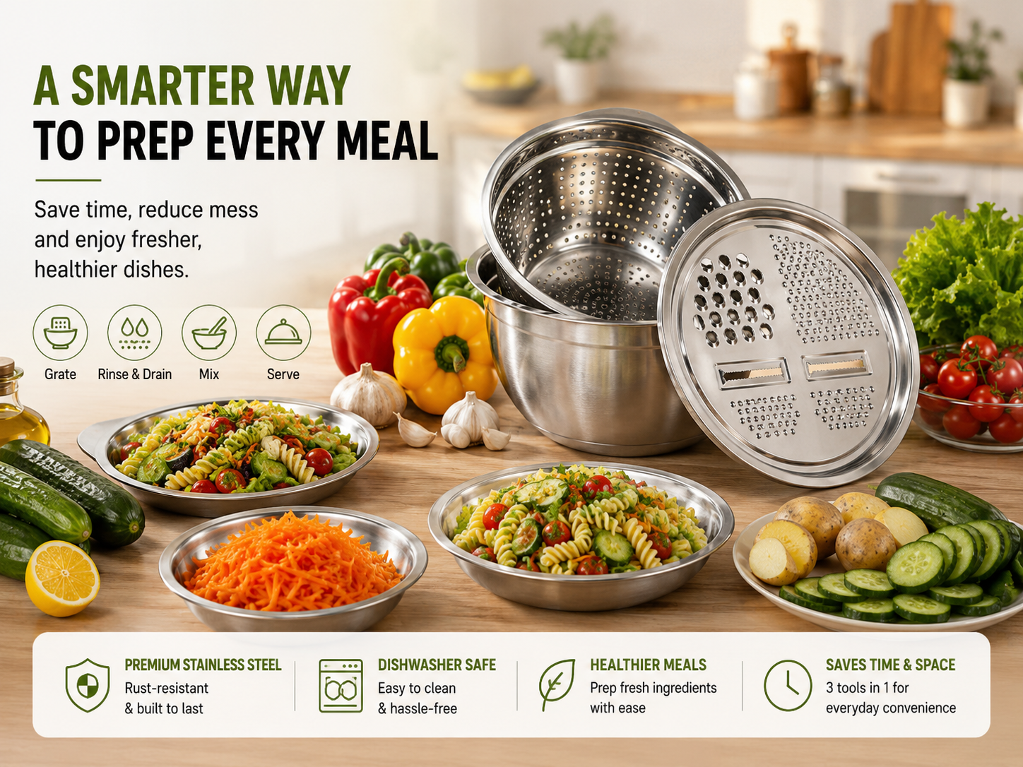 Uspoplarshop 3-in-1 Stainless Steel Grater Bowl & Colander Set