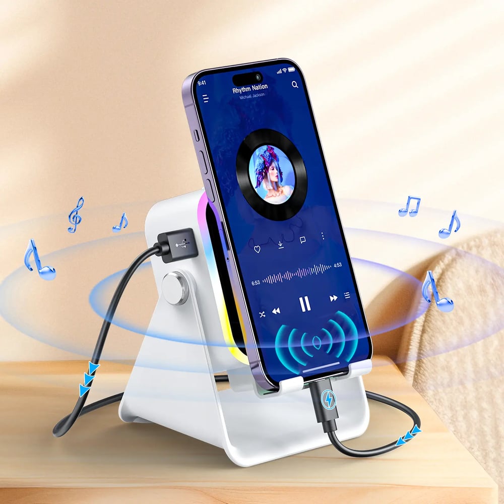Quotationy 5-in-1 Wireless Induction Speaker Stand – Portable Desk Phone Holder with Emergency Power Bank & Colorful Ambient Light