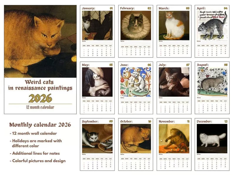 🗓️Weird cats in renaissance 2026 Wall Calendar