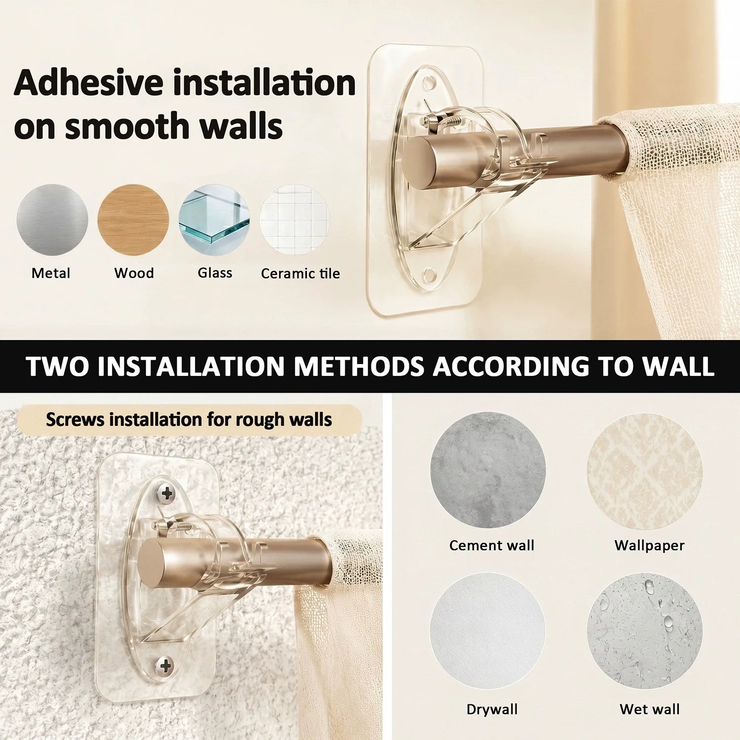 Fvaulity New Self Adhesive Rod Brackets, No Drill Needed Curtain Rod Holders