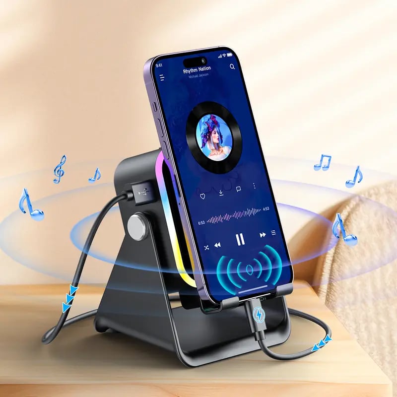 Quotationy 5-in-1 Wireless Induction Speaker Stand – Portable Desk Phone Holder with Emergency Power Bank & Colorful Ambient Light