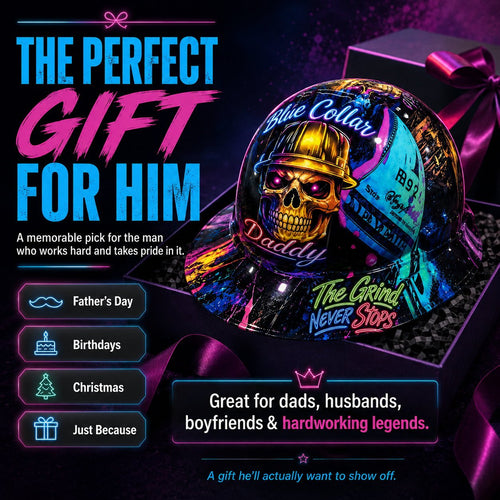 Ahlwo Blue Collar Daddy Hydro-Dipped Hard Hat | Industrial Rigid Impact-Resistant Safety Helmet with Full-Wrap Gloss Artwork
