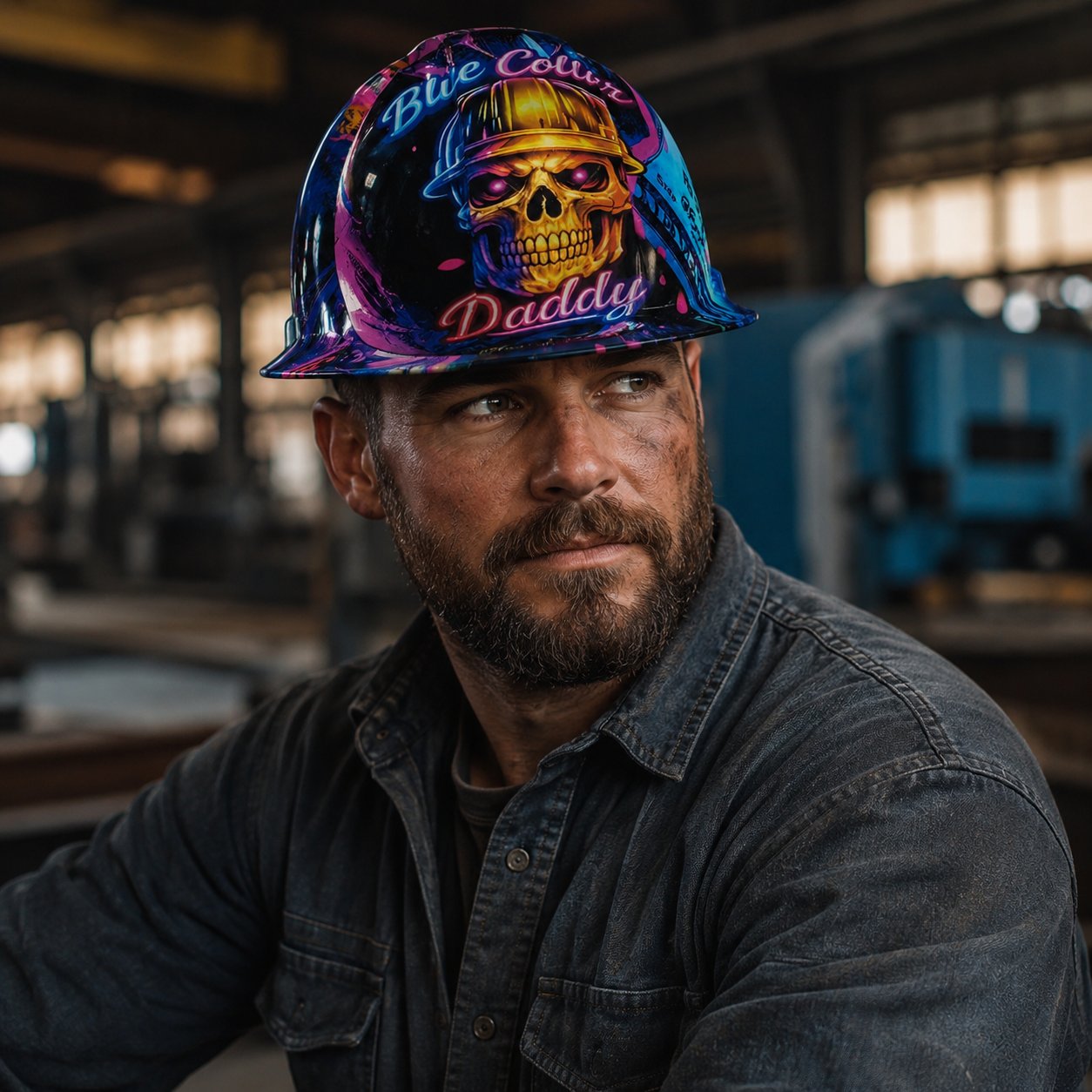 Ahlwo Blue Collar Daddy Hydro-Dipped Hard Hat | Industrial Rigid Impact-Resistant Safety Helmet with Full-Wrap Gloss Artwork