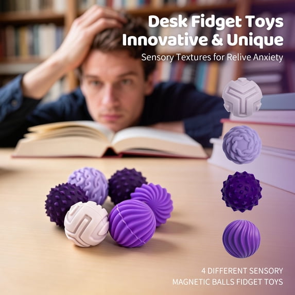 ClickiKeys Magnetic Silent Fidget Balls 6 Pack - Soft Silicone Sensory Toys for Teens & Adults - Silent Stress Relief