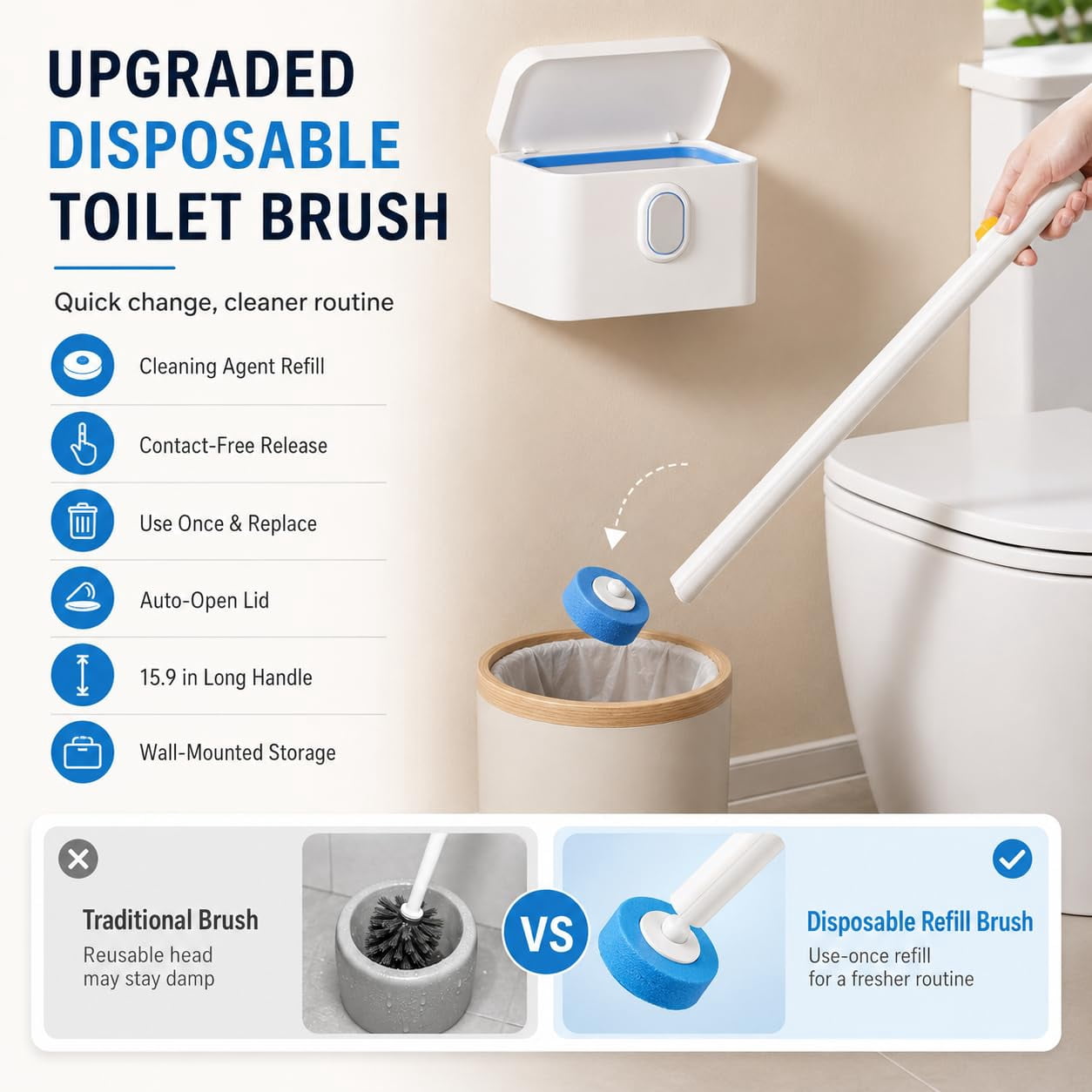 Keepholdly Hands-Free Flip-Top Disposable Toilet Brush
