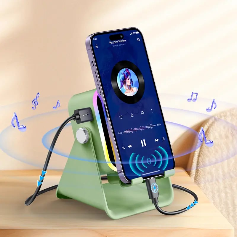 Quotationy 5-in-1 Wireless Induction Speaker Stand – Portable Desk Phone Holder with Emergency Power Bank & Colorful Ambient Light