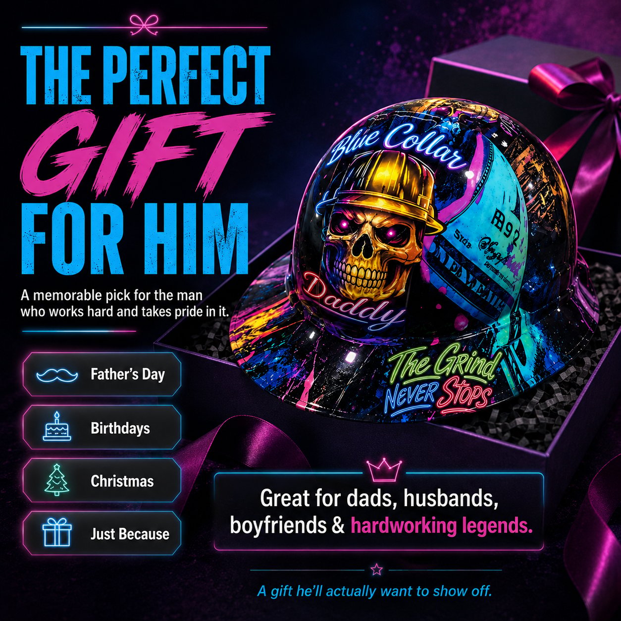 Ahlwo Blue Collar Daddy Hydro-Dipped Hard Hat | Industrial Rigid Impact-Resistant Safety Helmet with Full-Wrap Gloss Artwork