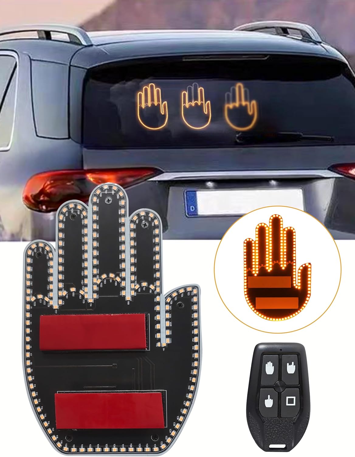 Krejova Car Finger Light with Remote, Hand Gesture Amber LED Light - 14 Modes for Road Rage Warning Signs Ideal Car Accessory
